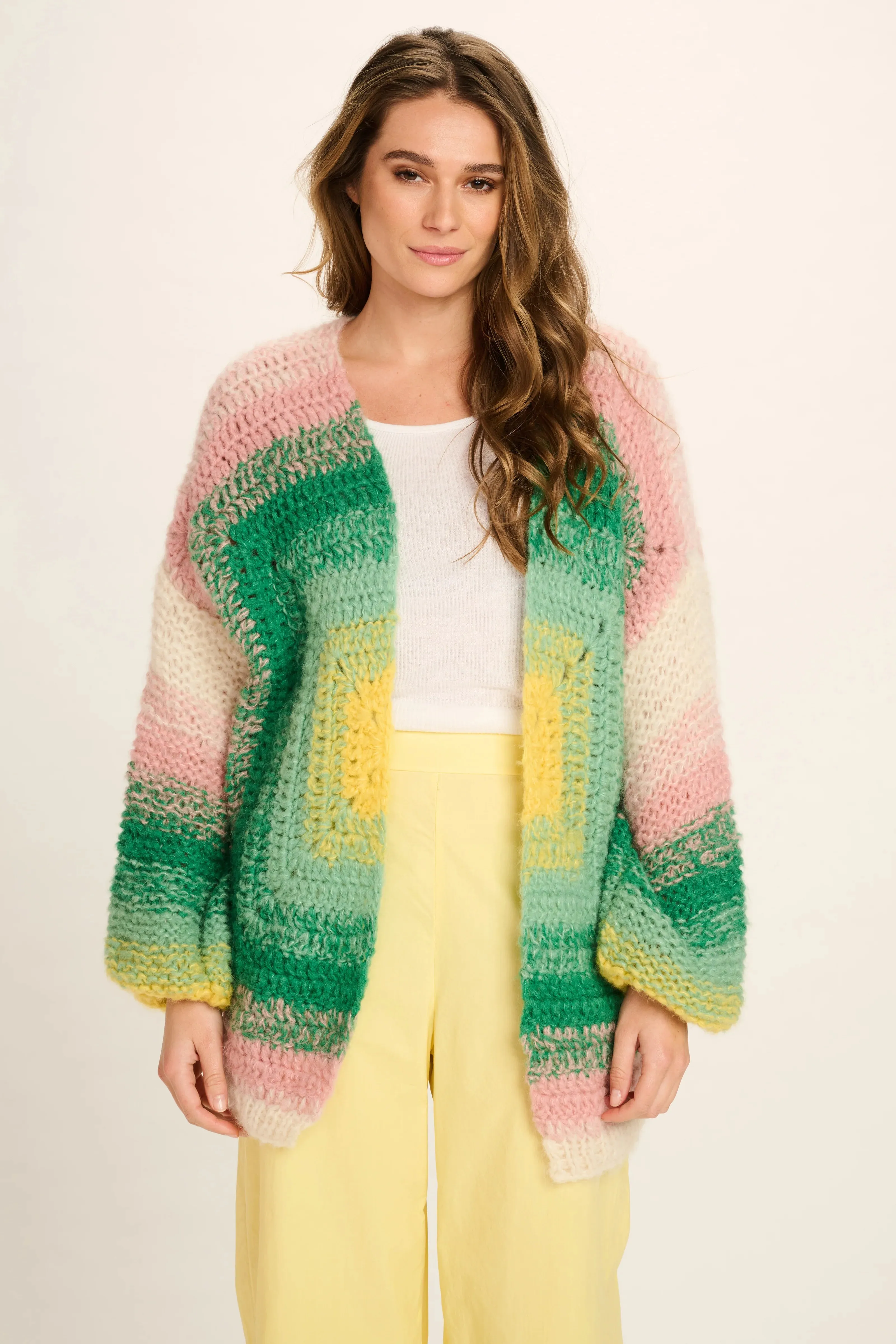 LAURA CASHMERE CARDIGAN SHORT - PINK GREEN YELLOW OFF WHITE CROCHET - LES TRICOTS D'O