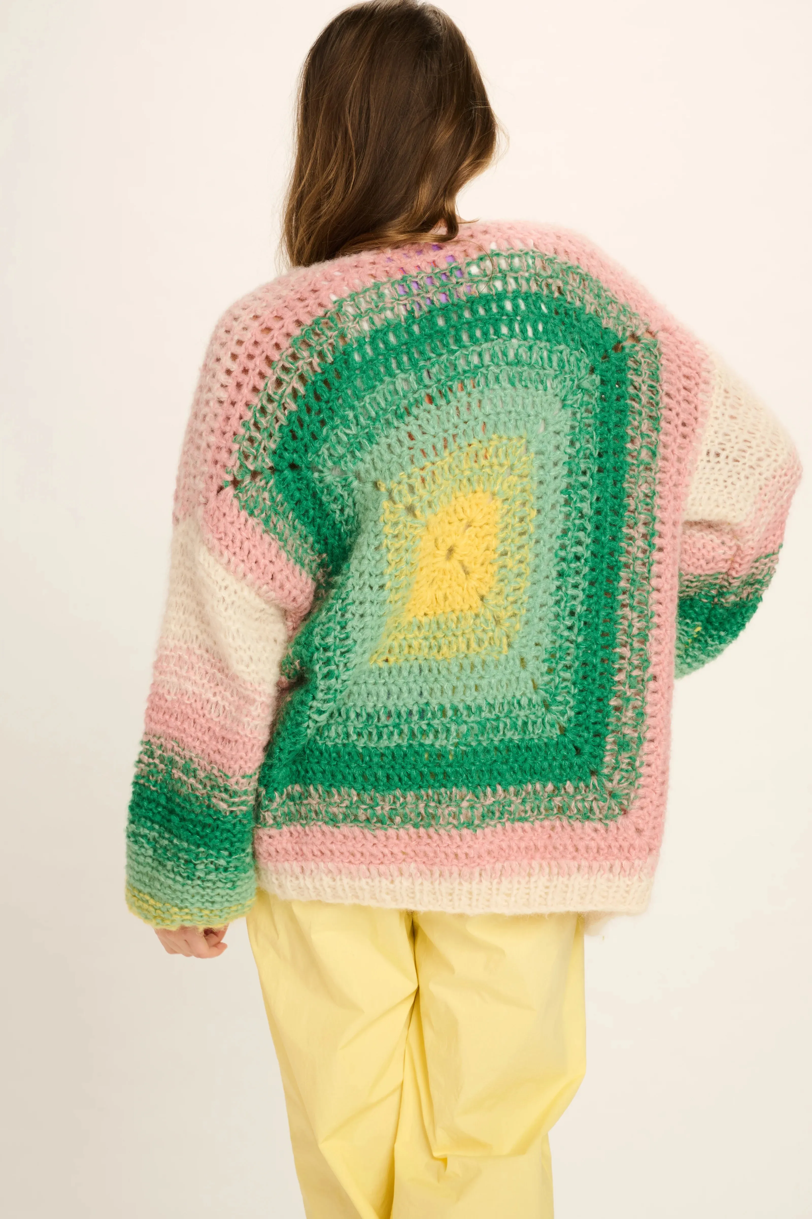 LAURA CASHMERE CARDIGAN SHORT - PINK GREEN YELLOW OFF WHITE CROCHET - LES TRICOTS D'O