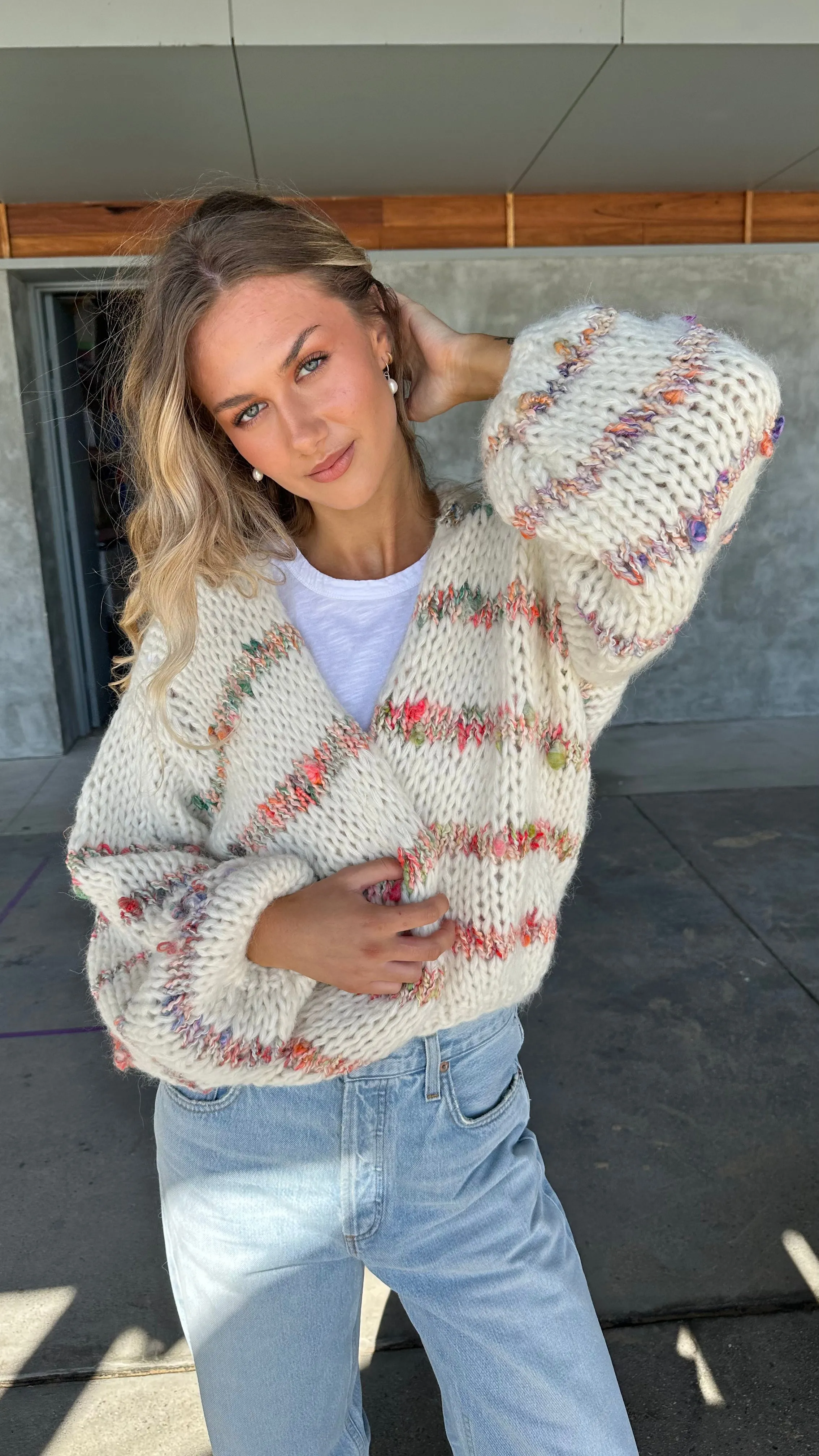 LUNA ALPACA CARDIGAN SHORT - OFF WHITE STRIPES - LES TRICOTS D'O