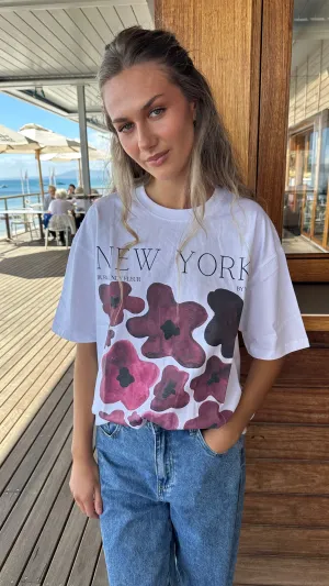 NEW YORK BURGUNDY FLEUR OVERSIZE TEE - LUCENT WHITE - MAKU