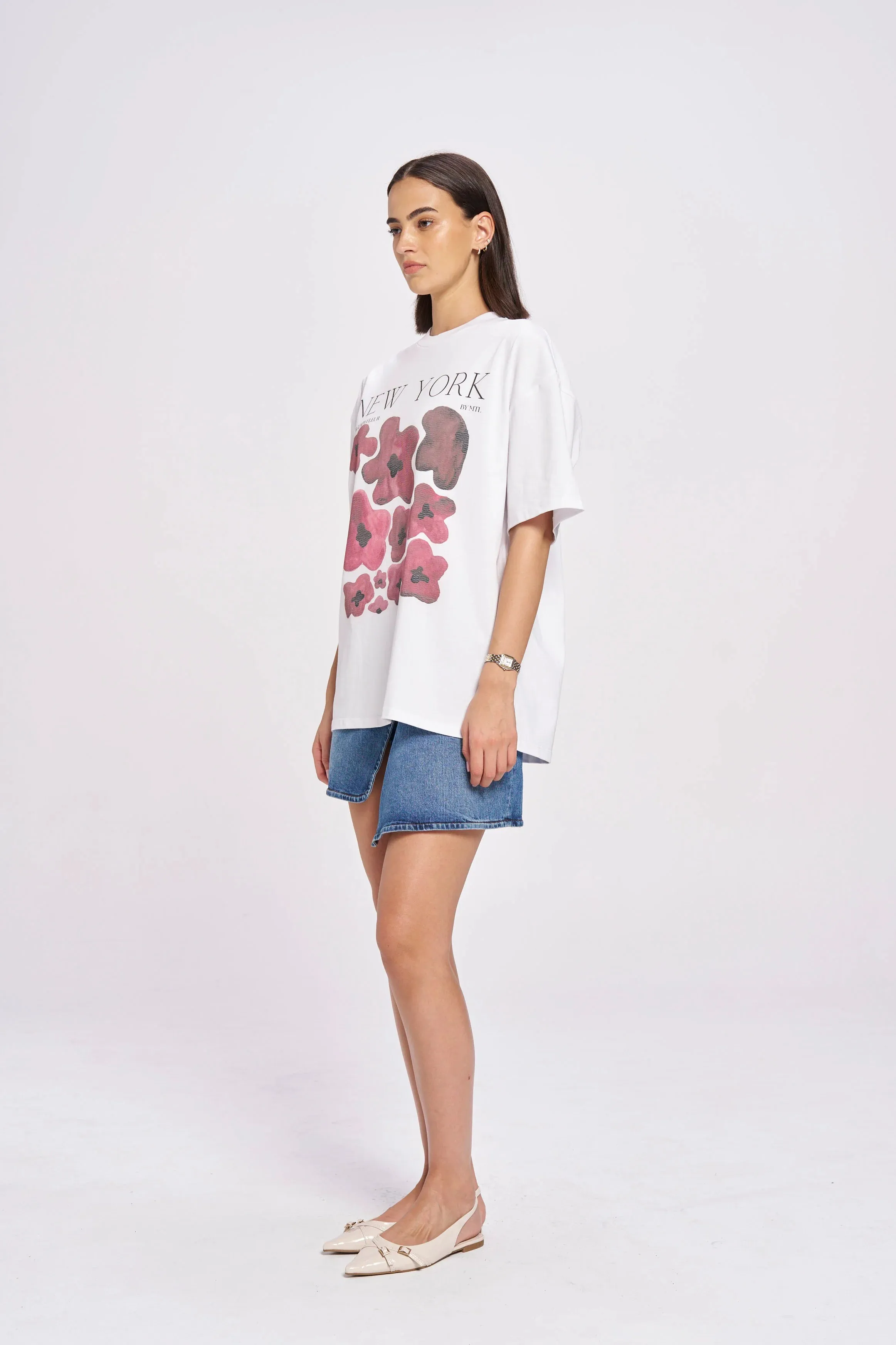 NEW YORK BURGUNDY FLEUR OVERSIZE TEE - LUCENT WHITE - MAKU