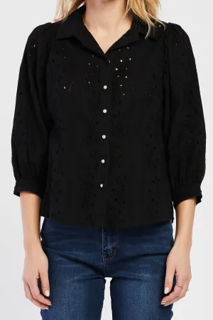 Premium Quality Teehan 3/4 Puff Sleeve Button Down Eyelet Shirt  Limited Stock!