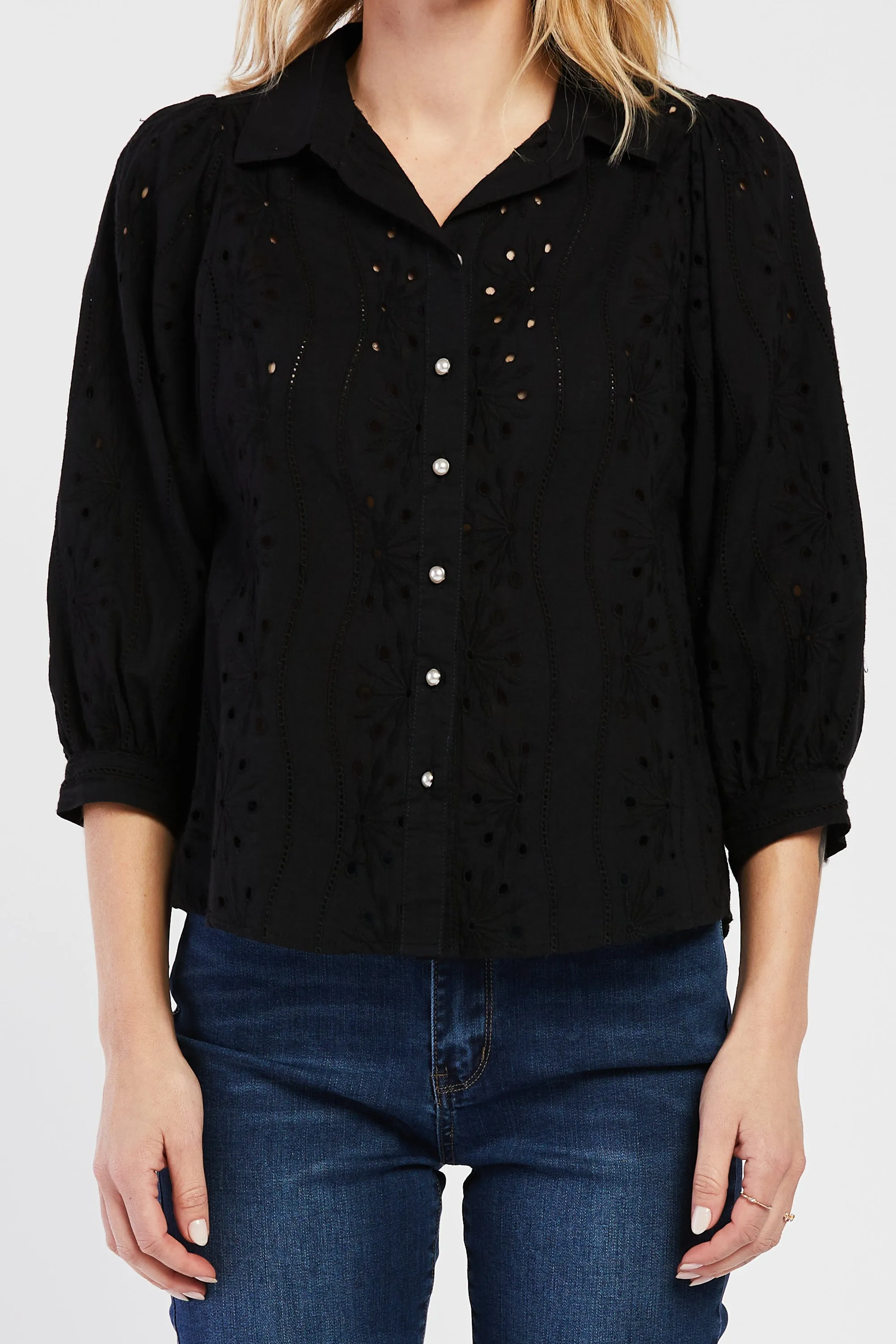 Premium Quality Teehan 3/4 Puff Sleeve Button Down Eyelet Shirt  Limited Stock!