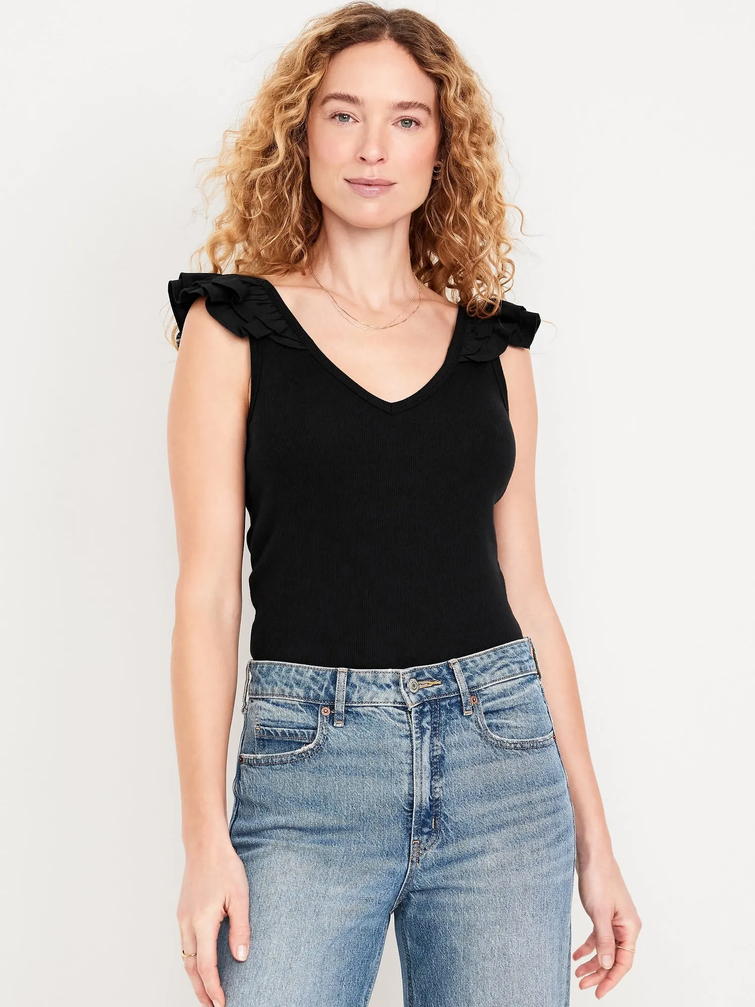 Ruffle-Trim Mixed Material Top