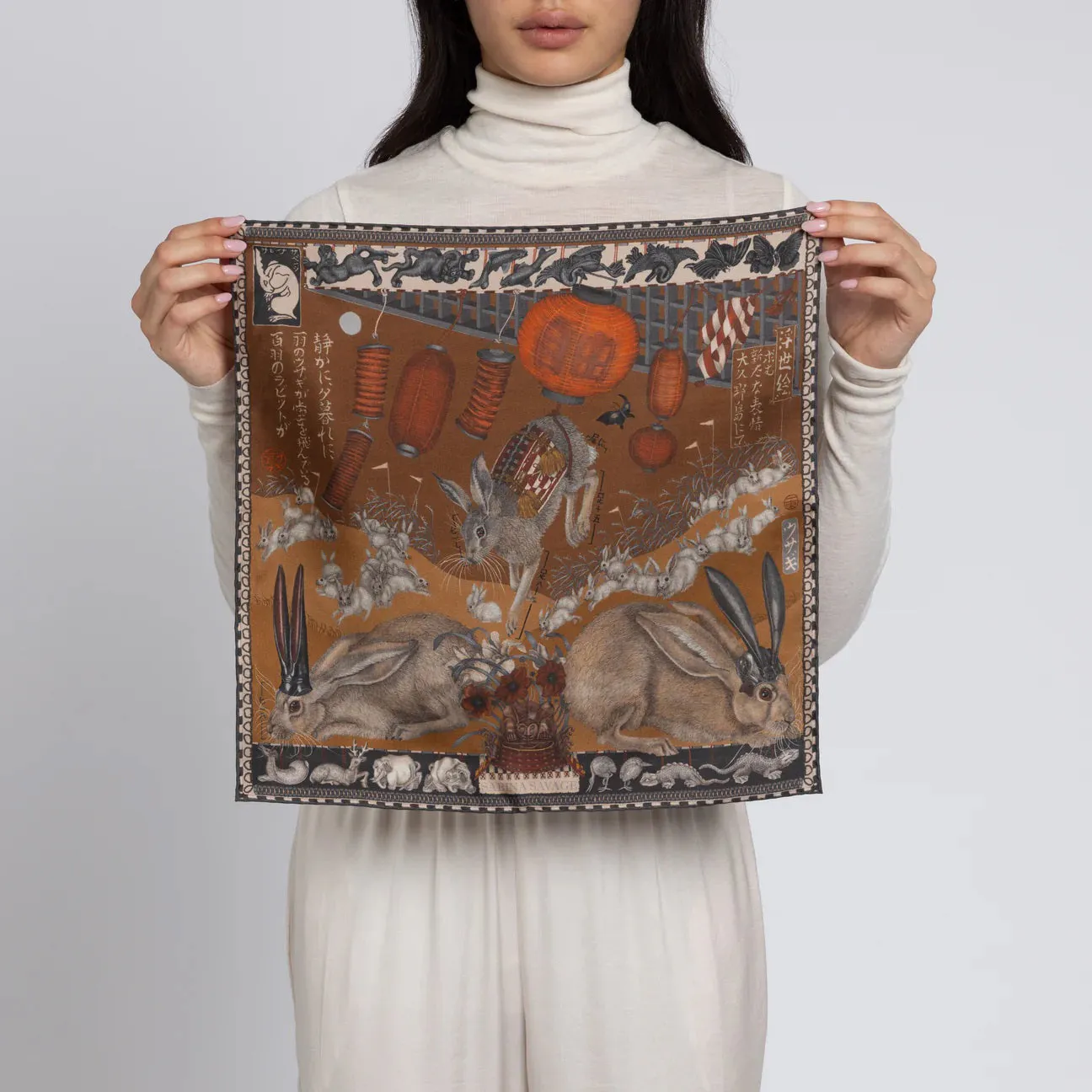 SABINA SAVAGE - THE FLOATING RABBITS SILK TWILL SCARF 42CM