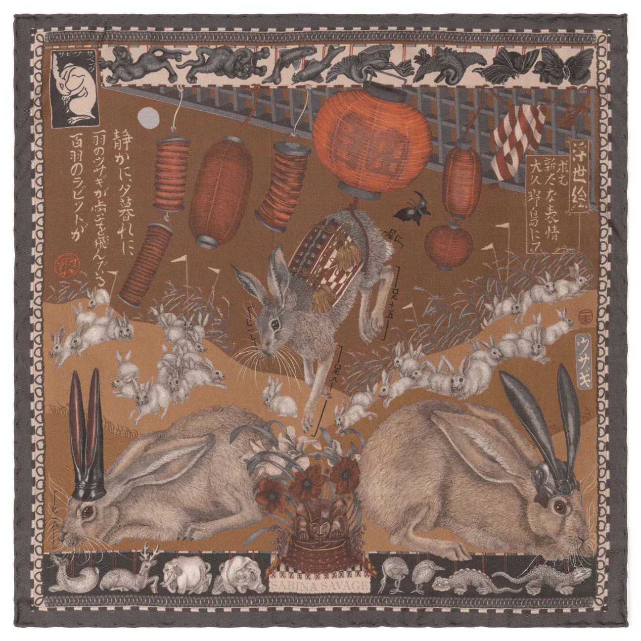 SABINA SAVAGE - THE FLOATING RABBITS SILK TWILL SCARF 42CM
