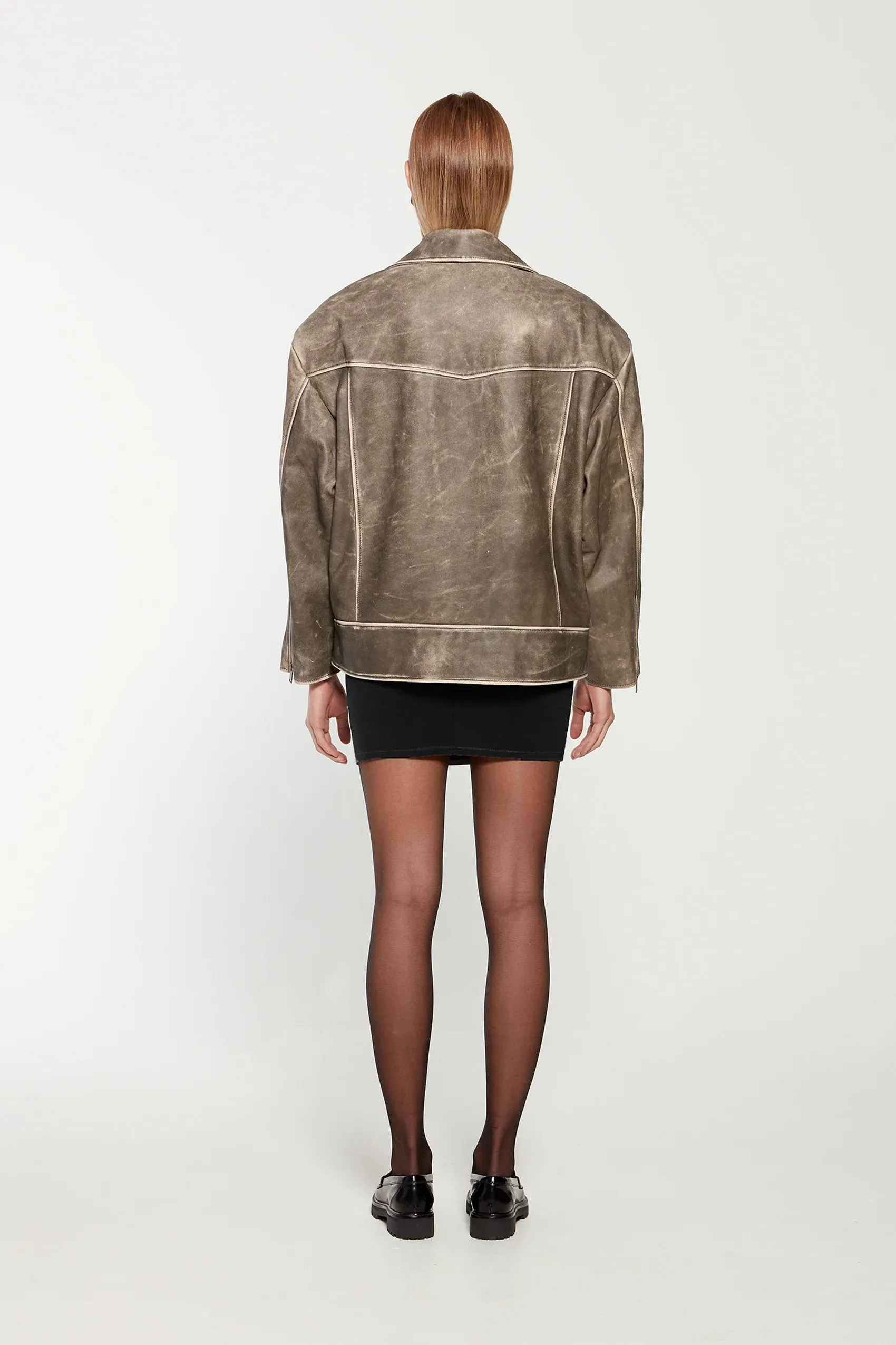 SAMANTHA DISTRESSED LEATHER BIKER JACKET - BLACK - DUCIE LONDON