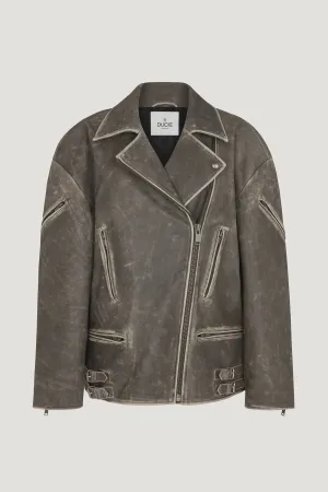 SAMANTHA DISTRESSED LEATHER BIKER JACKET - BLACK - DUCIE LONDON