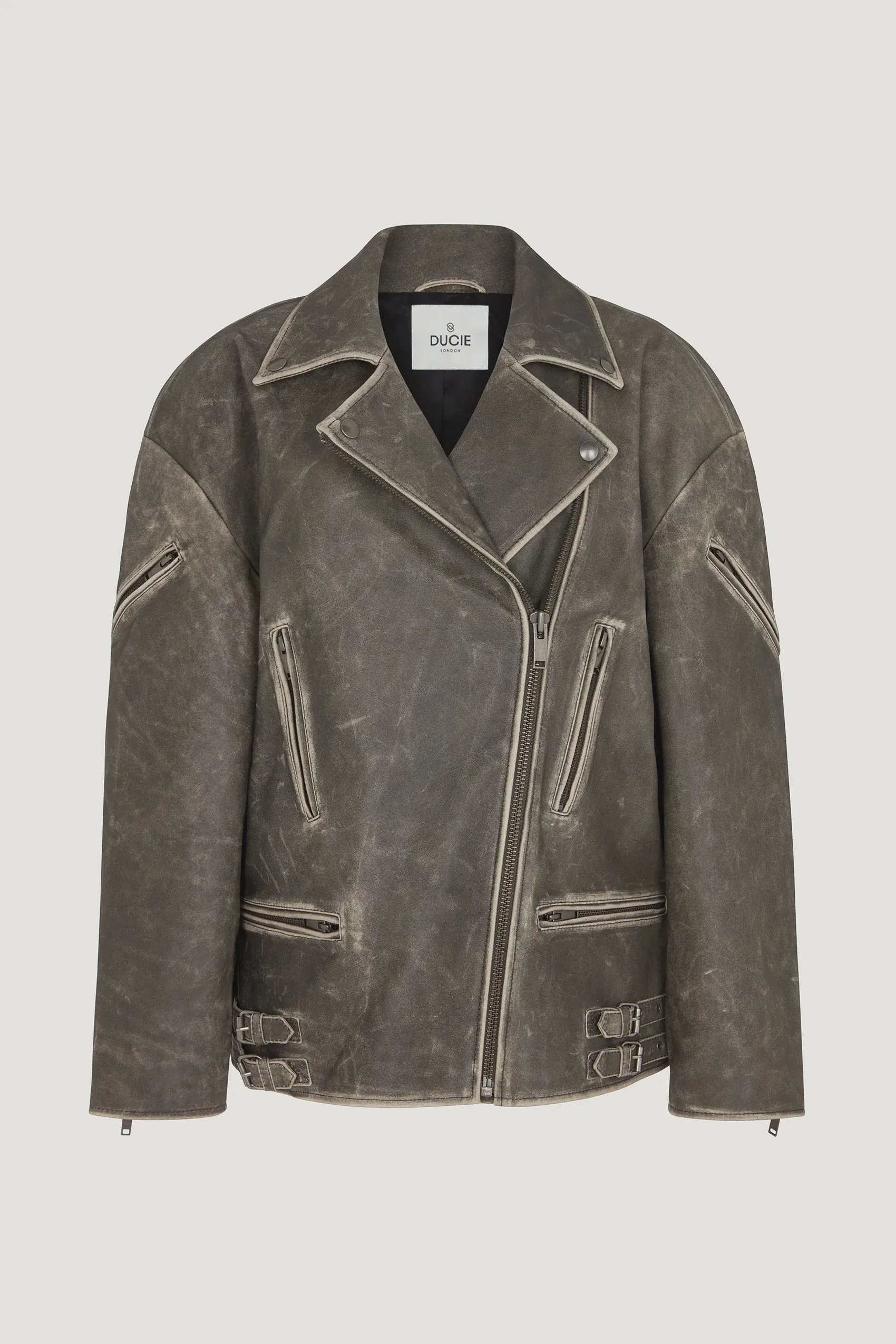 SAMANTHA DISTRESSED LEATHER BIKER JACKET - BLACK - DUCIE LONDON
