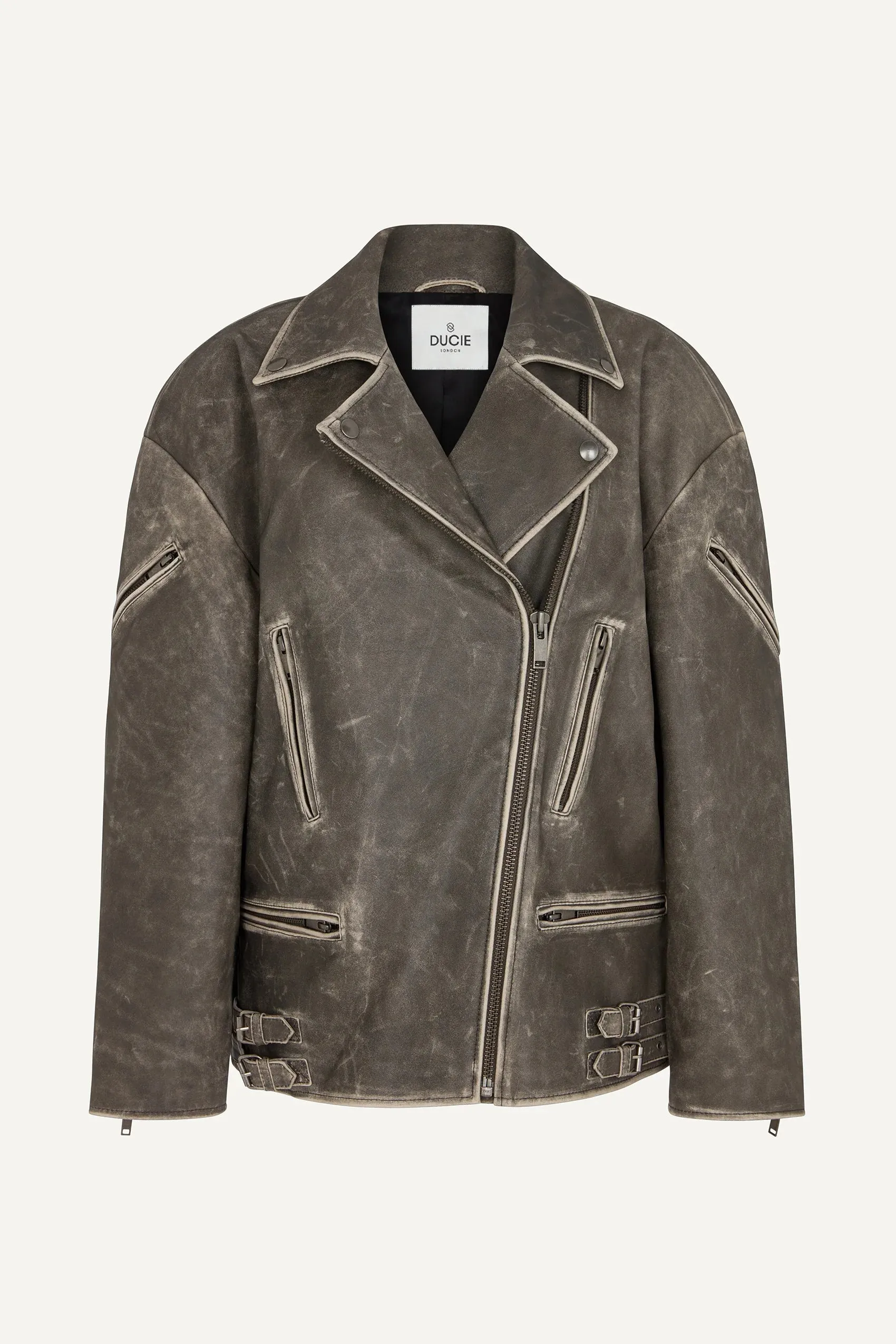 SAMANTHA DISTRESSED LEATHER BIKER JACKET - BLACK - DUCIE LONDON