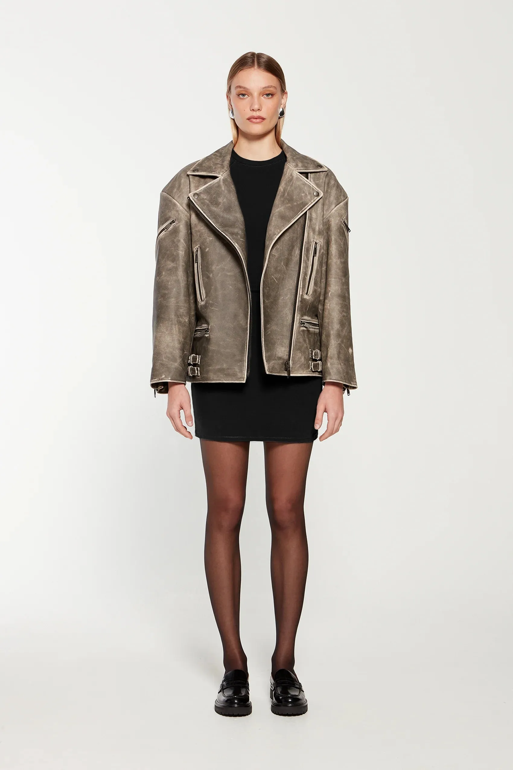 SAMANTHA DISTRESSED LEATHER BIKER JACKET - BLACK - DUCIE LONDON