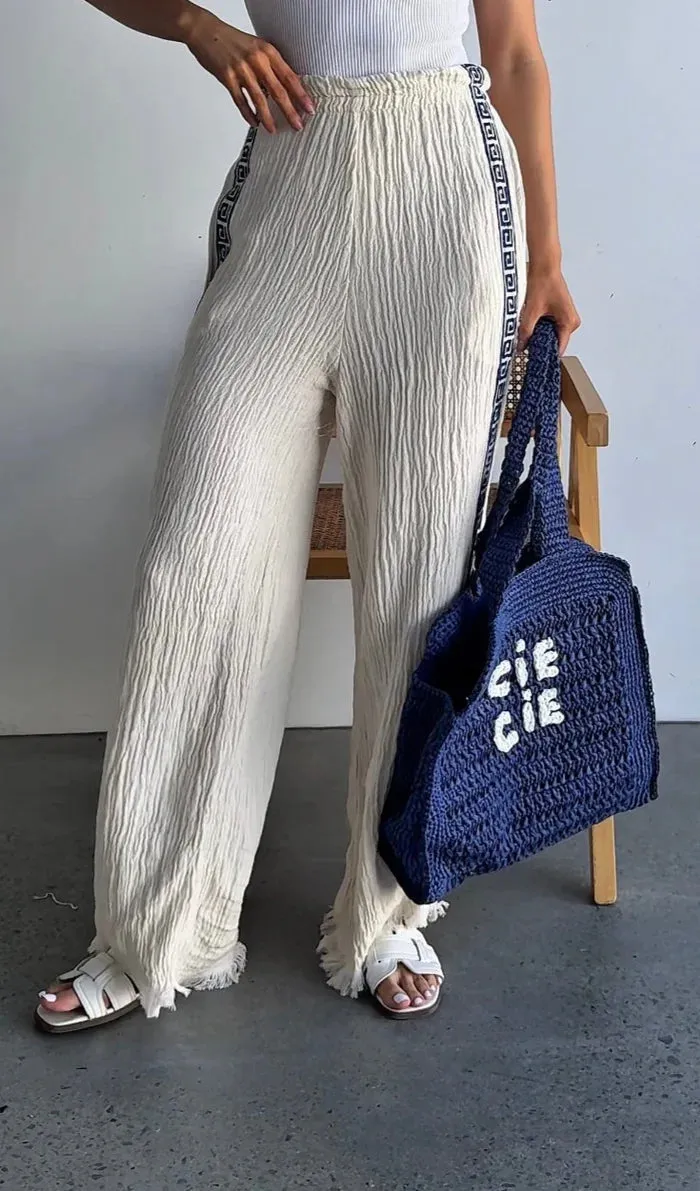 SURF PANT - NATURAL WITH NAVY HAND PRESSED DESIGN - CIE CIE