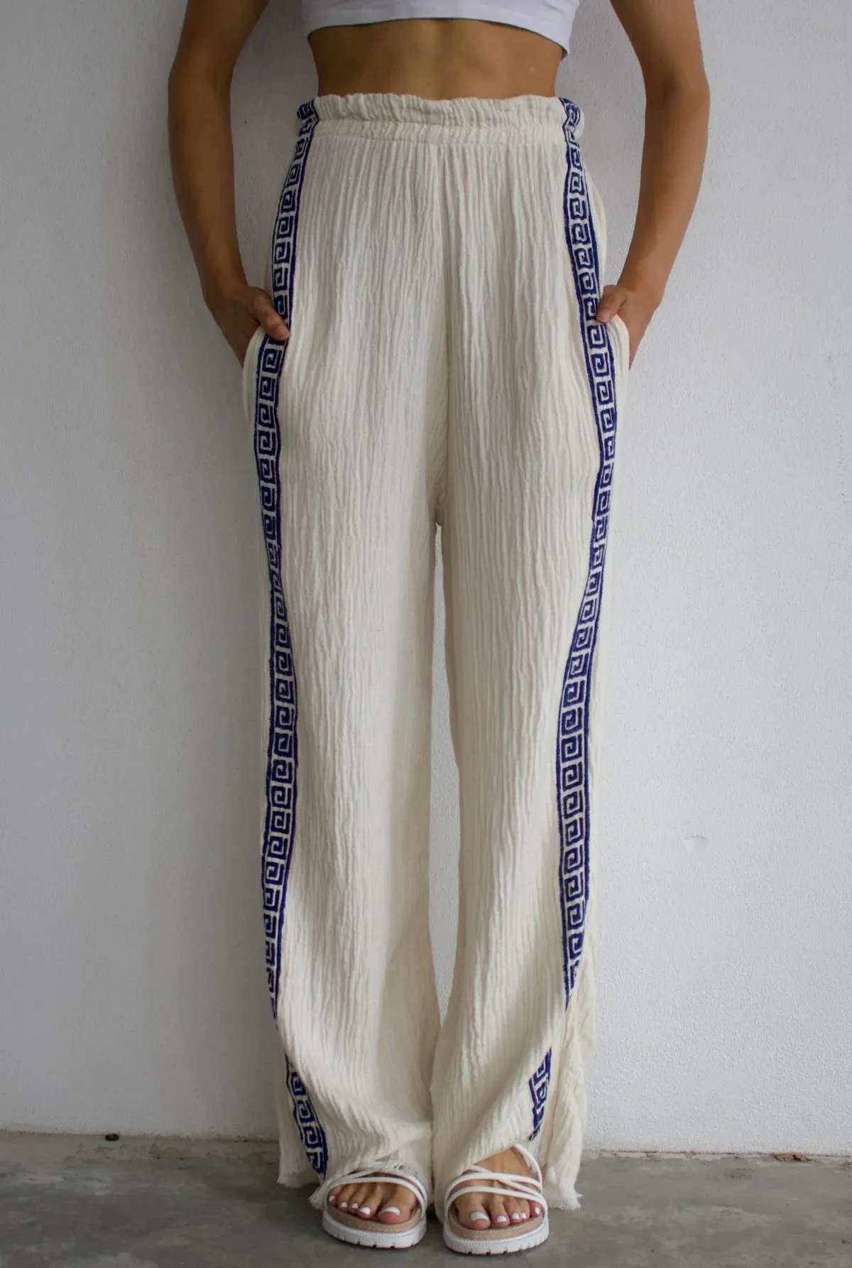 SURF PANT - NATURAL WITH NAVY HAND PRESSED DESIGN - CIE CIE