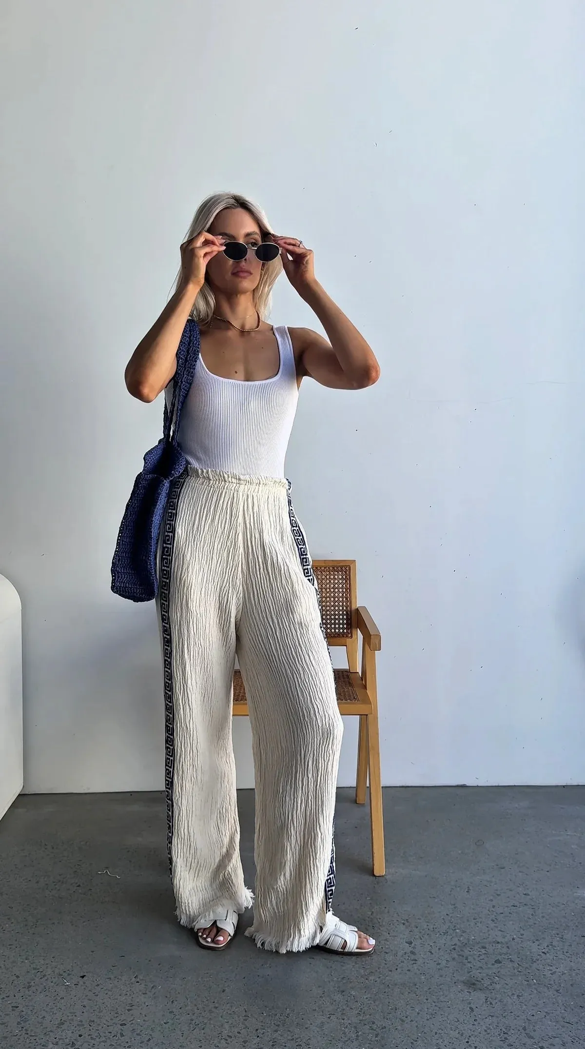 SURF PANT - NATURAL WITH NAVY HAND PRESSED DESIGN - CIE CIE