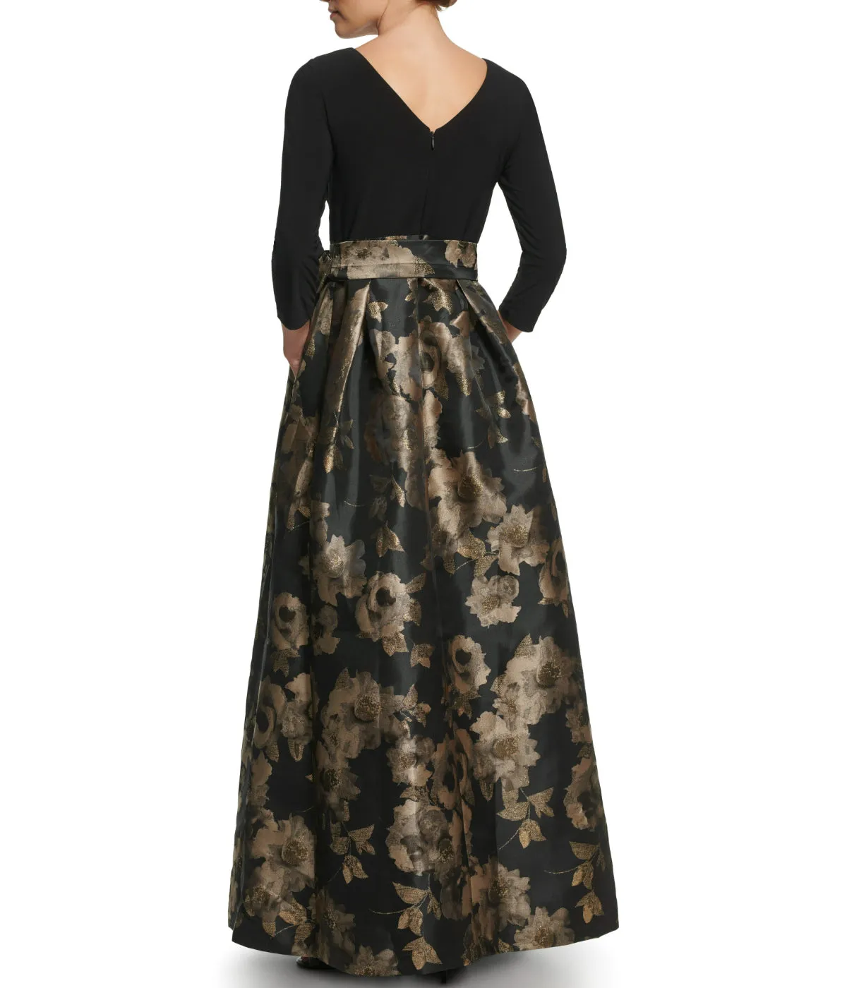 Trending Now 1Pc 3/4 Sleeve Boatnk Inset Waist Ballgown W/ Pleated Skirt & Tie Sash Black Gold  Limited Stock!