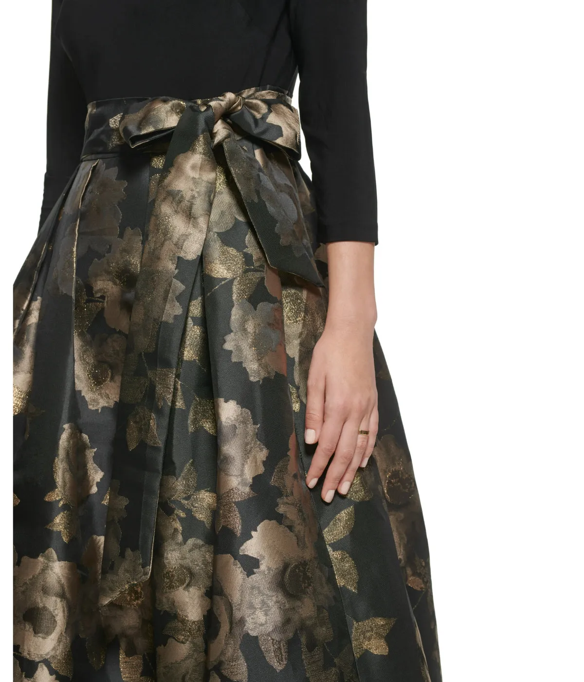 Trending Now 1Pc 3/4 Sleeve Boatnk Inset Waist Ballgown W/ Pleated Skirt & Tie Sash Black Gold  Limited Stock!