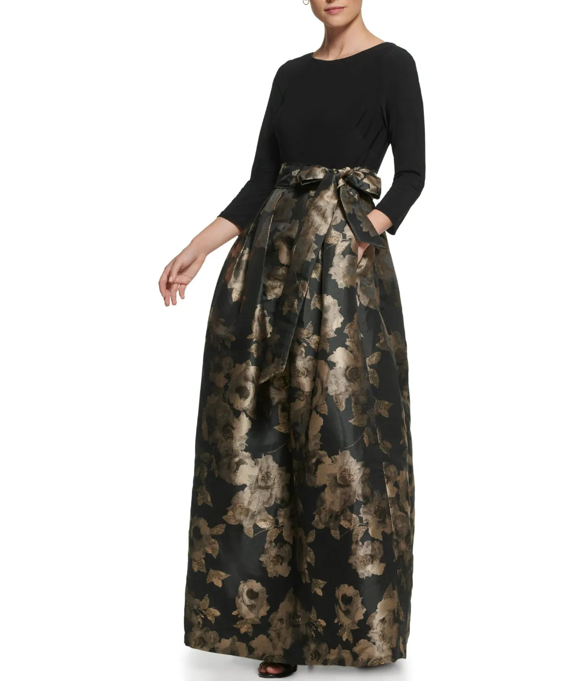 Trending Now 1Pc 3/4 Sleeve Boatnk Inset Waist Ballgown W/ Pleated Skirt & Tie Sash Black Gold  Limited Stock!