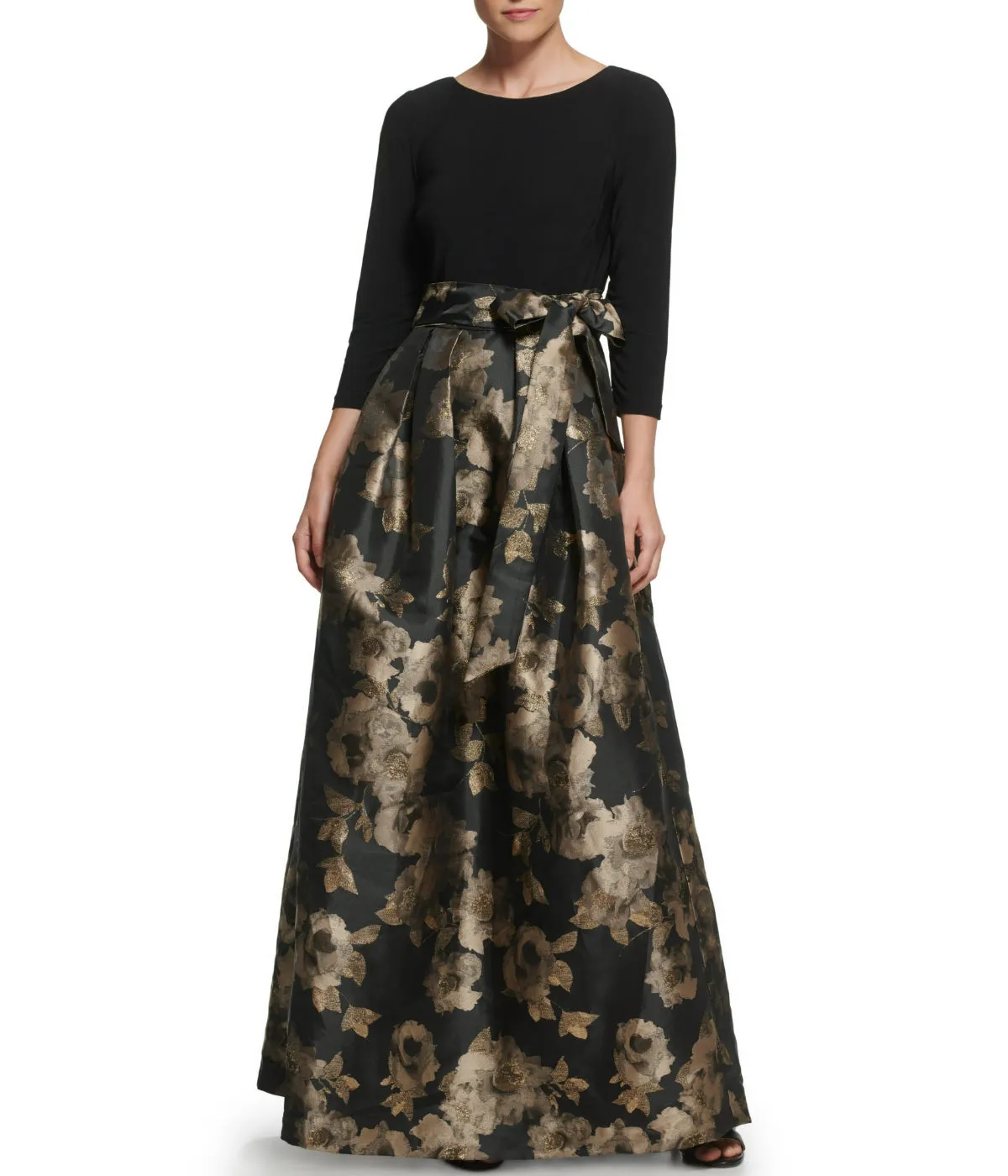 Trending Now 1Pc 3/4 Sleeve Boatnk Inset Waist Ballgown W/ Pleated Skirt & Tie Sash Black Gold  Limited Stock!