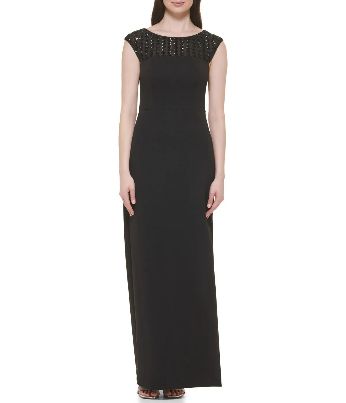 VIP Favorite Cap Sleeve Boat Shape Illusion Neck Gown W/ Side Slit Black Gold  Ends Soon!