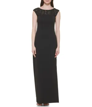 VIP Favorite Cap Sleeve Boat Shape Illusion Neck Gown W/ Side Slit Black Gold  Ends Soon!