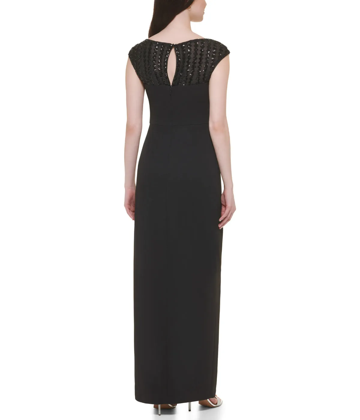 VIP Favorite Cap Sleeve Boat Shape Illusion Neck Gown W/ Side Slit Black Gold  Ends Soon!