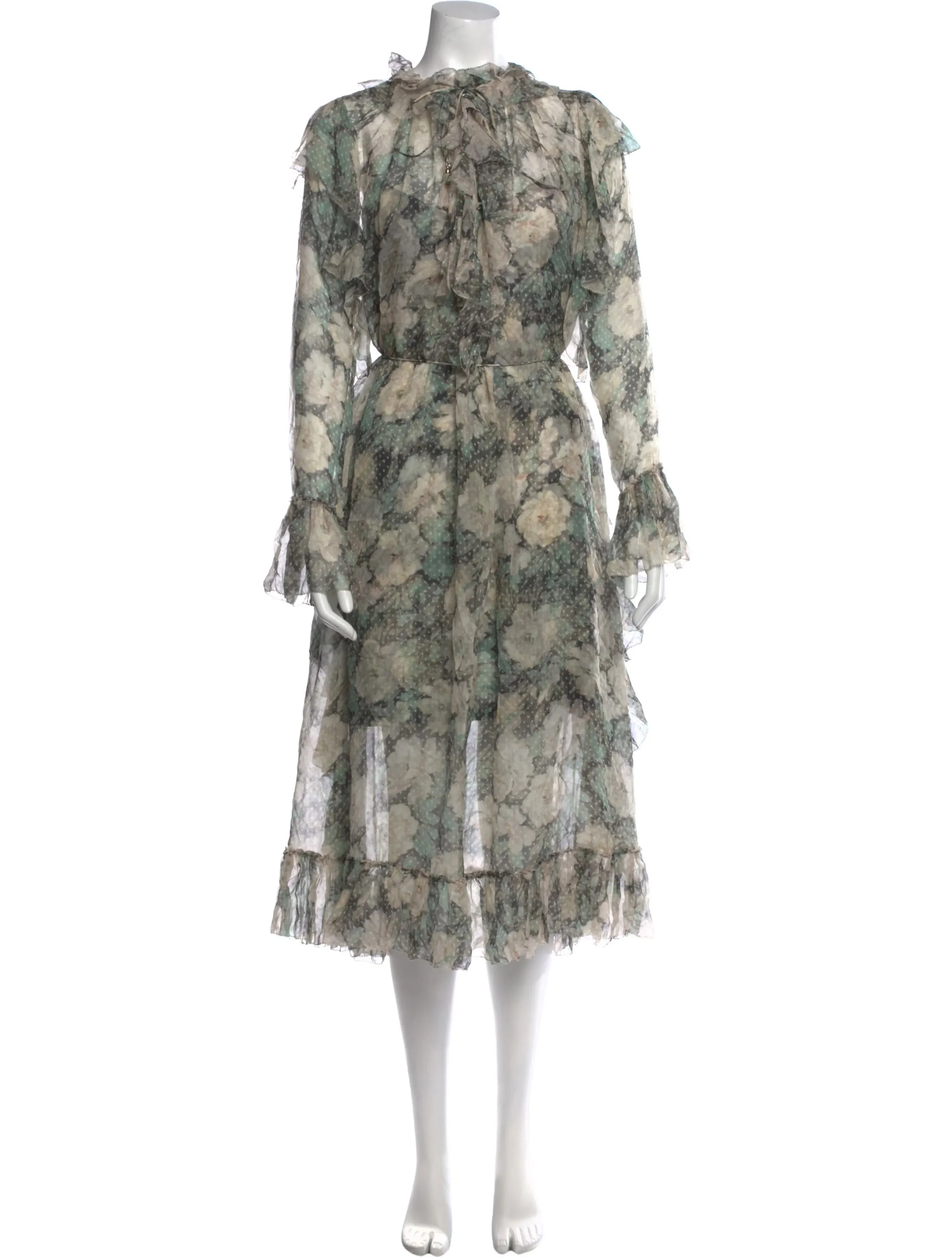 ZIMMERMANN BOWERBIRD RUFFLE FLORAL PRINT SILK DRESS - GREEN - PRE LOVED